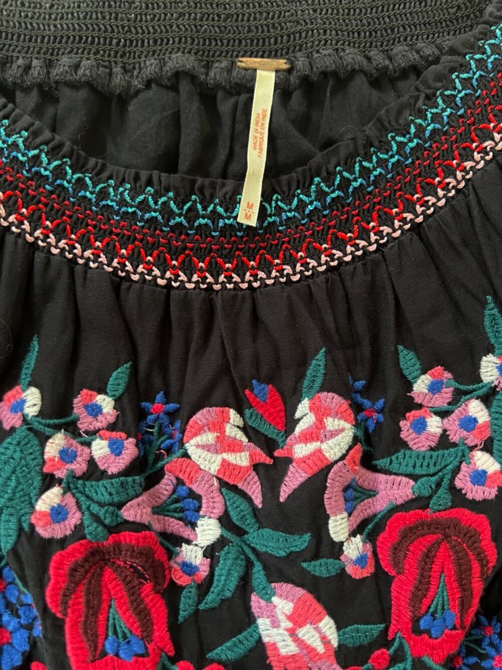 Free People Black Embroidered Off Shoulder Boho Mini Dress Size M - Picture 4 of 5